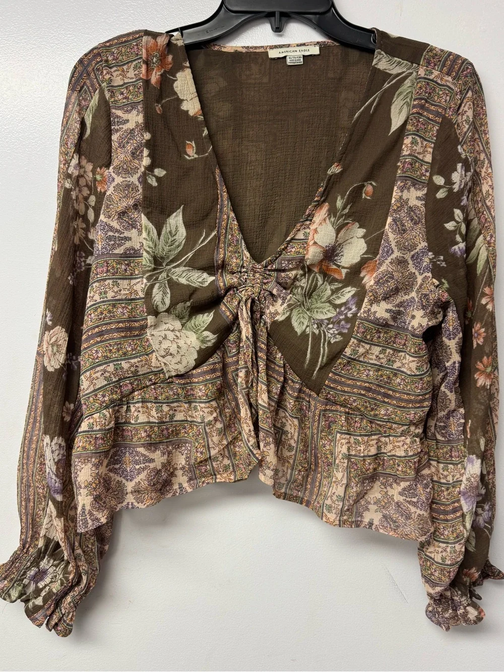 American Eagle XL Boho Floral Tie Front Peplum Blouse Bell Sleeve Cottagecore B6 - Picture 3 of 10